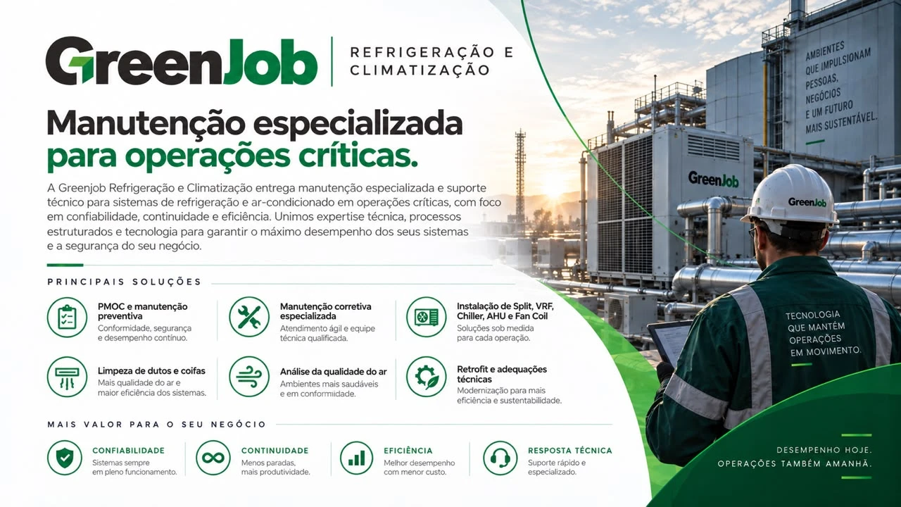 Apresentação institucional de Greenjob Refrigeração e Climatização; os serviços estão descritos nesta página
